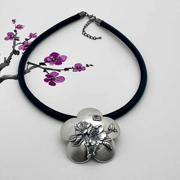 Oriental Cherry Blossom Silver with Asscher Sapphire Necklace