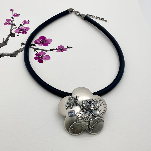 Oriental Silver Flower with Lotus + Natural Asscher Sapphire Necklace