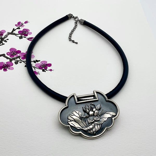 Oriental Lotus Silver Lock Necklace